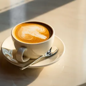 Feshly brewed latte coffee on a white table, a coffee drink made with espresso and steamed milk.