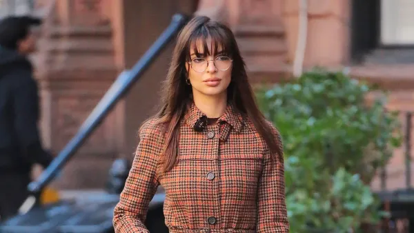 Feature Emily Ratajkowski Gets in the Christmas Spirit in Plaid Fur Trimmed Coat While Out in NYC