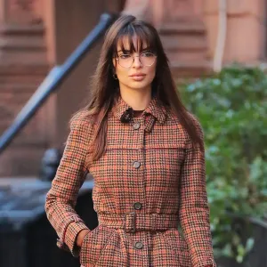 Feature Emily Ratajkowski Gets in the Christmas Spirit in Plaid Fur Trimmed Coat While Out in NYC