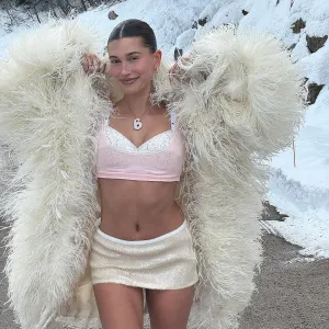 Hailey Bieber Wears Lingerie in Snow