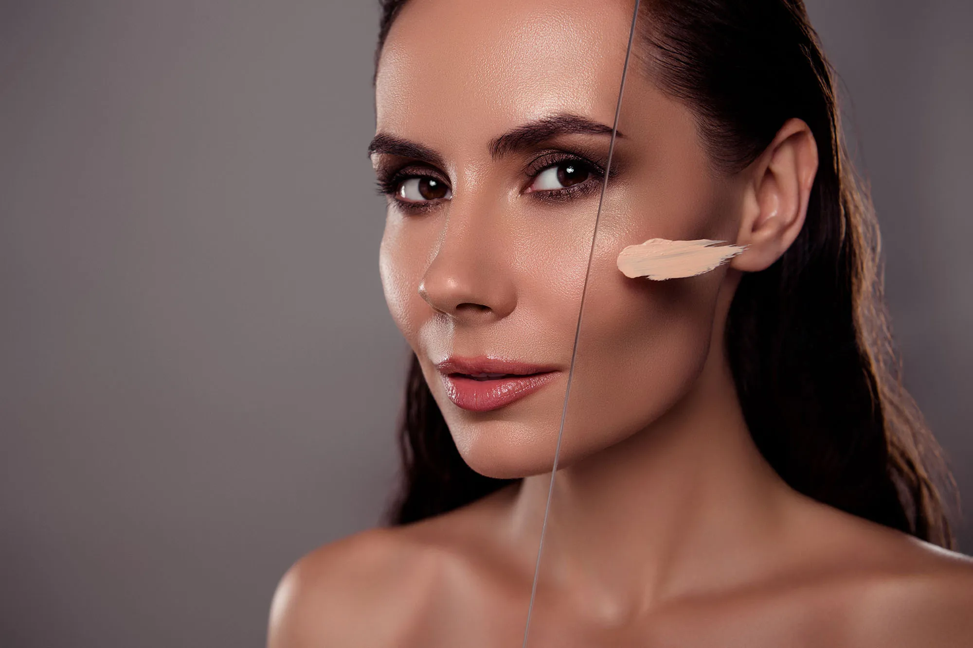 Photo portrait of girl glass creamy tonal cream spa salon isolated on dark gray color background