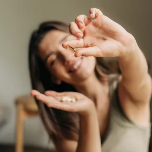 Happy smiling woman holding an omega pill in her hand.