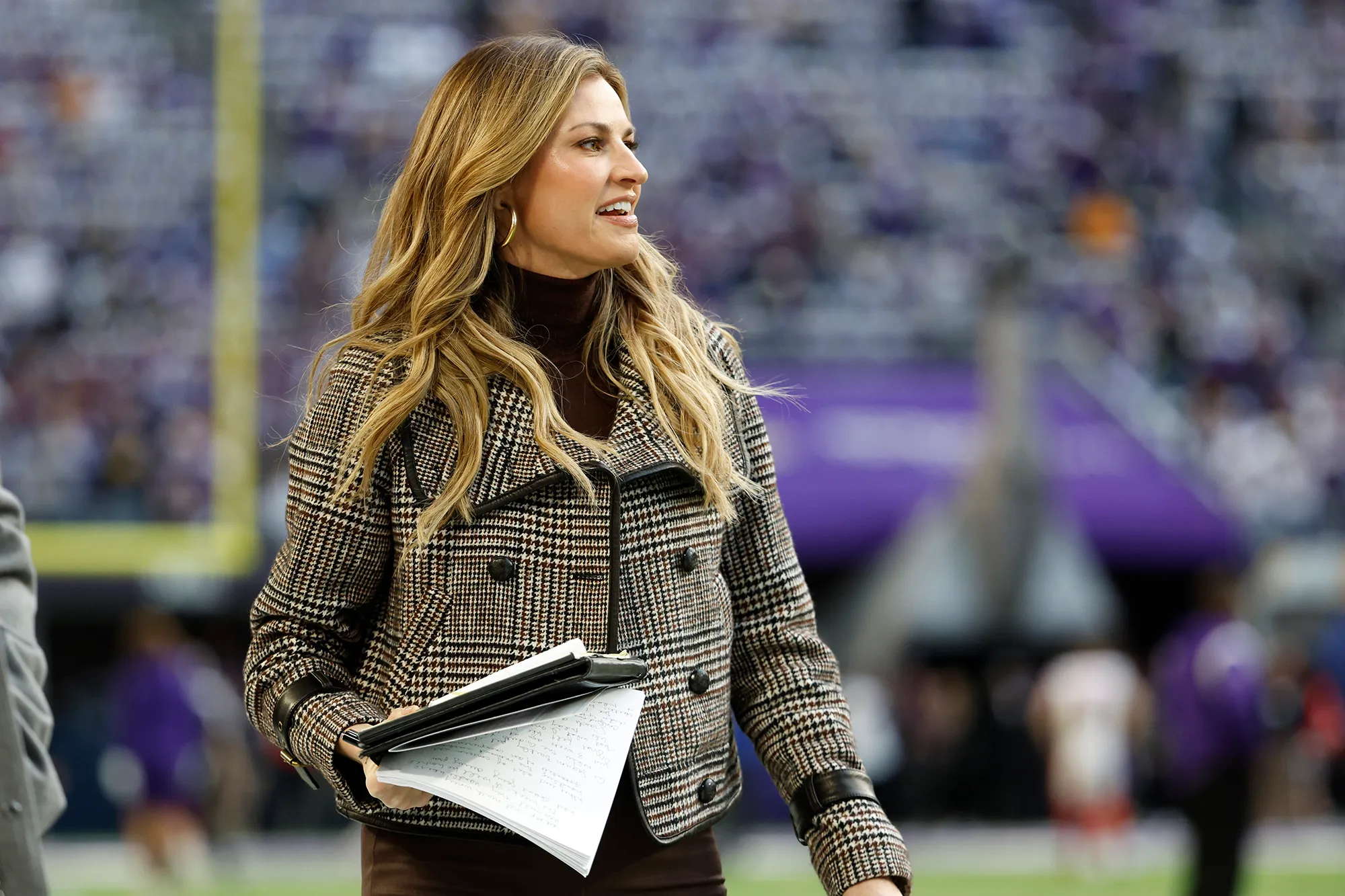 Erin Andrews prior to the NFC Wild Card playoff game between the New York Giants and the Minnesota Vikings at U.S. Bank Stadium on January 15, 2023.