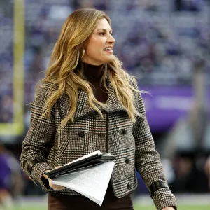 Erin Andrews prior to the NFC Wild Card playoff game between the New York Giants and the Minnesota Vikings at U.S. Bank Stadium on January 15, 2023.