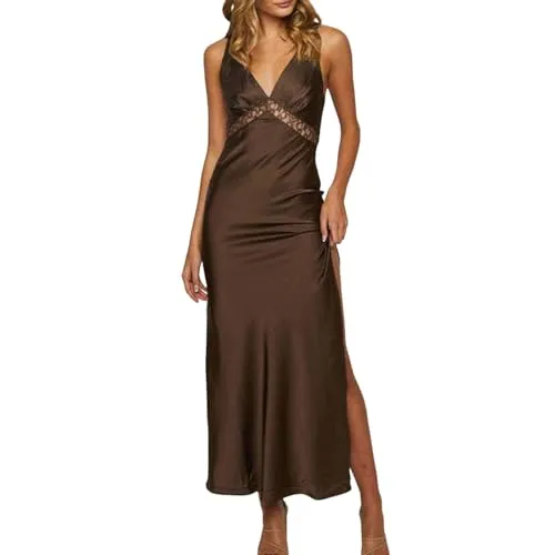 Women's Satin Dress Sexy V Neck Backless Lace Trimmed Slip Long Maxi Cocktail Party Dress Brown