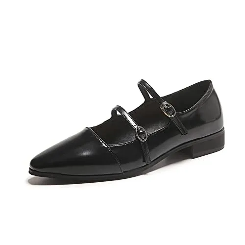 EFTCAL Women's Adjustable Double Strap Mary Janes, Pointed Toe Low Heel Flats, Dressy Comfortable Slip-on Dress Shoes (Black,7)