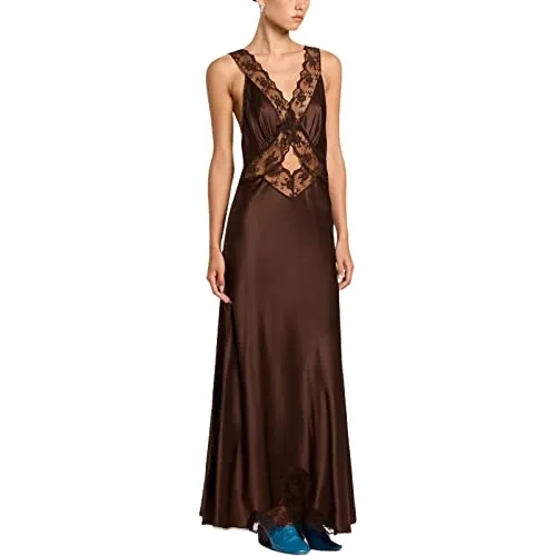 Women Satin V Neck Sleeveless Midi Dress Backless Tie Waist Bodycon Dress Summer Silk Dress Streetwear(Lace Cutout Brown,Medium)