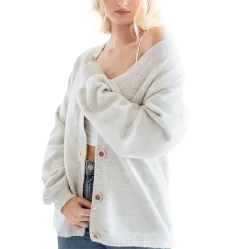Women's Oversized Sweater Cardigan - Open Front, Full Sleeves Fall 2023 Sweater- Outwear Coat with Buttons (S, Light Grey)