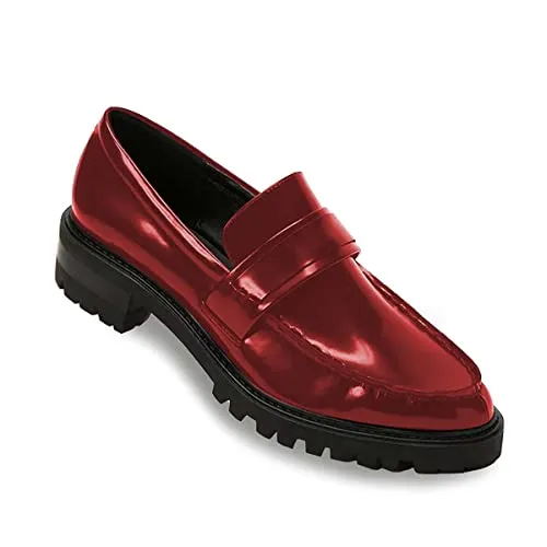 FOWT Women's Low Chunky Heel Loafers Round Toe Platform Flats with Lug Sole Casual Comfortable Shoes Driving Walking Traveling, Size 8 Red