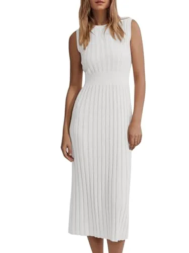 Danedvi Women's Knit Midi Tank Dress 2023 Fall Sleeveless Ribbed Crew Neck Bodycon Casual Basic Going Out Dresses White
