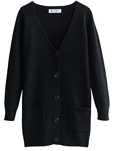 LINY XIN Women's Long Cardigan Sweater V-Neck 100% Merino Wool Fall Winter Warm Soft Knitted Cardigan Coat (Black,M)