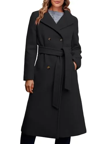 Fisoew Women Double Breasted Coats Long Winter Work Office Overcoat Pocketed Outwear with Belt