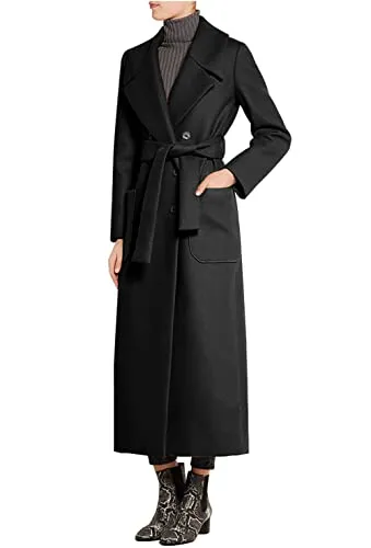 CHARTOU Women's Elegant Lapel Collar Double Breasted Regular Wool Blend Overcoat Coat Belt (Large, Black)