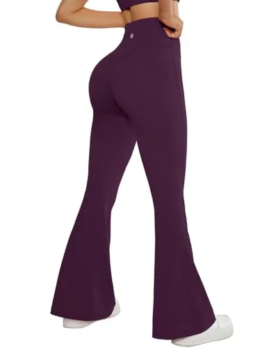 SUUKSESS Women Flare Leggings Scrunch Butt Lifting Bootcut High Waisted Tummy Control Bell Bottom Yoga Pants (Burgundy,M)