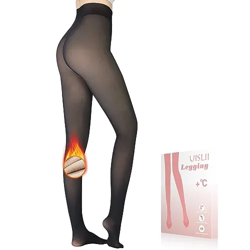 UISLII Fleece Lined Tights Women, Warm Pantyhose leggings Women,Fake Translucent Thermal Skin Colored Tights for Winter(Black Foot Medium -Medium Height)