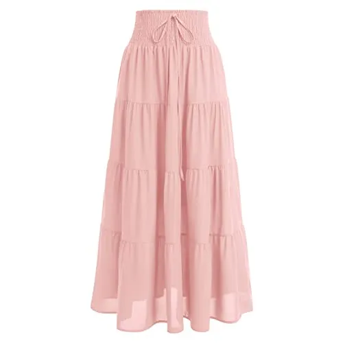 Women's Boho Elastic High Waist A Line Ruffle Swing Beach Convertible Maxi Skirt Tired Pleated Layers Front Drawstring Long Skirt Casual Flowy Midi Skirts Smocked Strapless Tube Top Dress Pink M