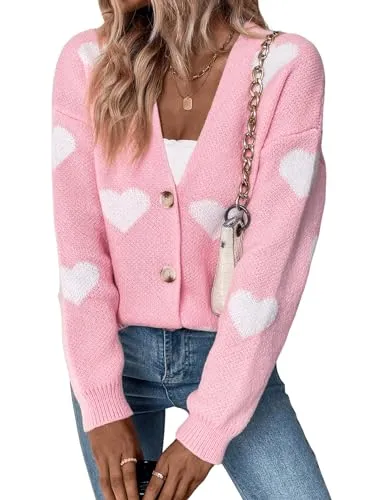 Verdusa Women's Long Sleeve Button Front V Neck Knit Sweater Cardigan Heart Pink M