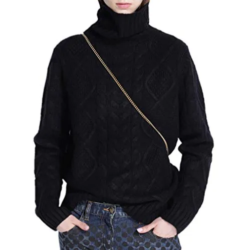 Ailaile Wool Sweaters Women's Turtleneck Pullover Female Loose Long Sleeve Tops Winter Thick Knitted Jumper Black