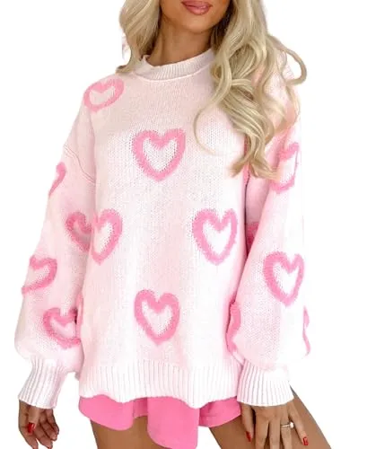 Faretumiya Women Oversized Heart Print Sweater Valentine 's Day Love Heart Sweatshirts Cute Graphic Long Sleeve Pullover Tops (aa Pink, L)
