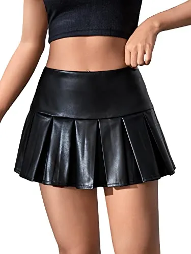 MakeMeChic Women's Faux Leather Pleated Skirt High Waisted A Line Flare PU Leather Mini Skirt Black S