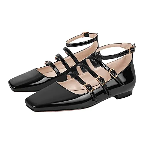 richealnini Mary Jane Flats Shoes Women Dressy Comfortable Closed Square Toe Slip on Ballet Flat Oxford Low Heel Closed Square Toe Patent Leather Club Outside Pumps Black Size 7