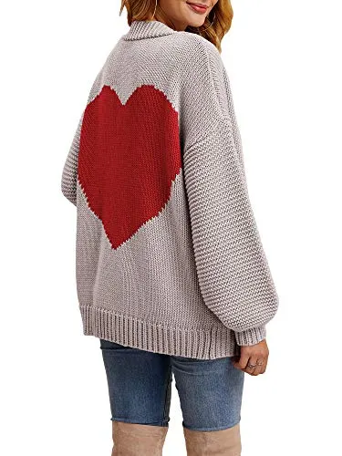 Tutorutor Womens Oversized Love Heart Pattern Print Open Front Cardigan Sweaters Casual Boho Valentine Loose Outwear Coat Gray