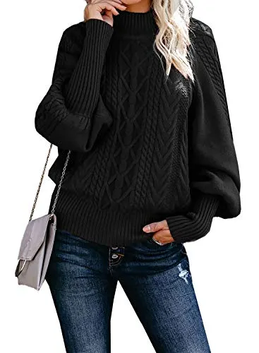 Dokotoo Womens Turtleneck High Neck Cable Knit Balloon Ribbed Sleeve Sweaters Solid Loose Fashion Pullovers Sweaters Outerwear Jumpers Black M