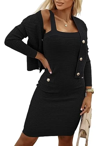 Women's 2023 Fall 2 Piece Sweater Dress Set Long Sleeve Ribbed Knit Crop Cardigan Sweaters and Tank Mini Dresses Outfits Black M