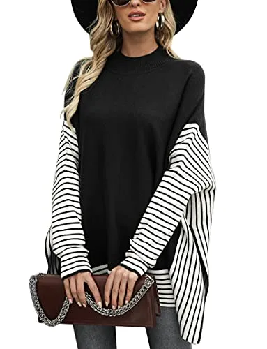 Uniexcosm Womens Mock Neck Oversized Poncho Sweater Batwing Sleeve Knit Cape Oversized Pullover