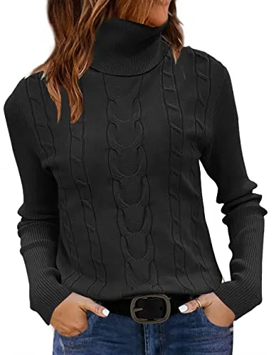 LEANI Womens 2024 Turtleneck Sweaters Cable Knit Long Sleeve Pullover Sweater Jumper Black Small