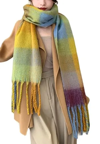 Wander Agio Winter Women Warm Scarf Long Shawl Large Scarves Cold Weather Thick Blanket Scarfs Colorful Plaid Blue Yellow Coffee 17