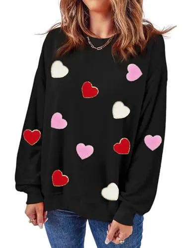 Ecosunny Women's Black Heart Shaped Sweatshirt Round Neck Long Sleeve Casual Print Holiday Tops