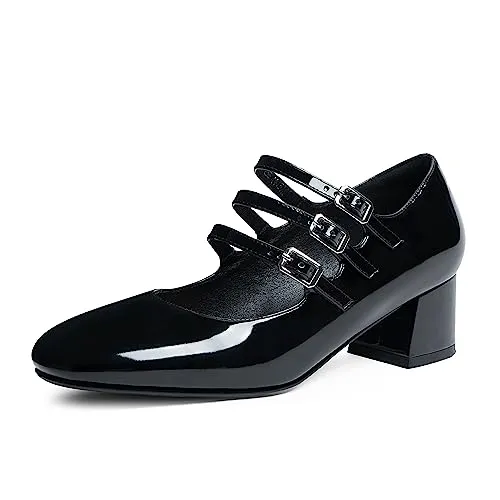 Naiyee Mary Janes Black Dress Shoes for Women Mary Jane Shoes Chunky Heel Casual Mary Jane Heel Pumps 3 Straps Adjustable Patent Leather Size 8
