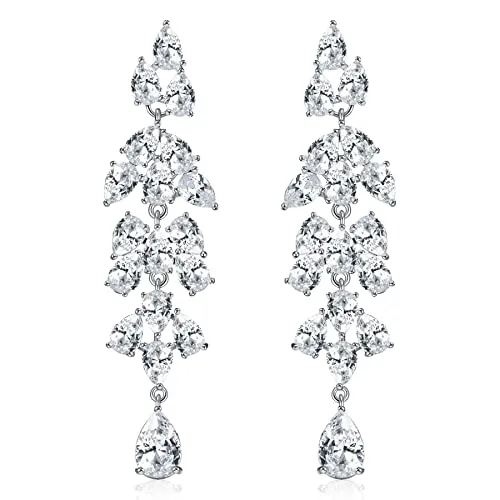 SWEETV Wedding Bridal Chandelier Earrings for Brides Women, Crystal Rhinestone Pear Drop Dangle Earrings for Prom Pageant, Silver