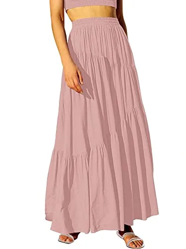 ANRABESS Women&rsquo;s Boho Elastic High Waist Pleated A-Line Flowy Swing Asymmetric Tiered Maxi Long Skirt Dress with Pockets 617shenfen-S Pink