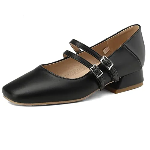 Lizoleor Square Toe Formal Mary Jane Womens Low Heels Office Loafers Slippers Wide Fit Ankle Strap Evening Bridal Shoes Black Size 7 US/39
