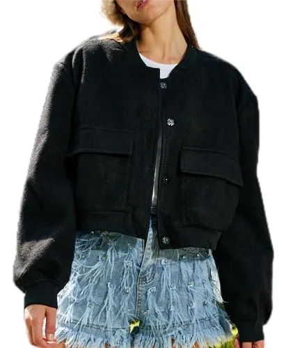 YSW Women's Fashion Short Pilot Jacket Wool Blend Lightweight Cropped Casual Button Varsity Shacket with Pockets Black-XS