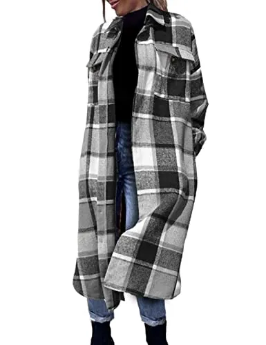 FindThy Women&rsquo;s Long Plaid Shacket Wool Blend Button Down Shirt Jacket Coat with Pockets(0001-Grey-L)