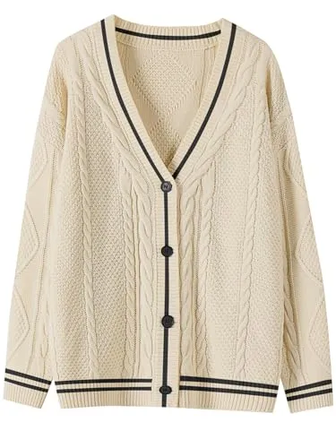 ANRABESS Women's Long Sleeve Trendy Cardigan Sweaters Fall Fashion Outfits Chunky Cable Knit Embroidery Elbow Stars Open Front Striped 2023 Winter Clothes 1267 xingheitiao-XL Apricot-Black