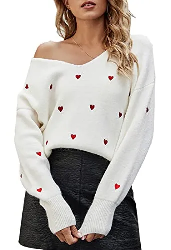 ECOWISH Women Valentine Heart Sweater V Neck Embroidery Knit Loose Casual Long Sleeve Ribbed Pullover Sweaters White Medium