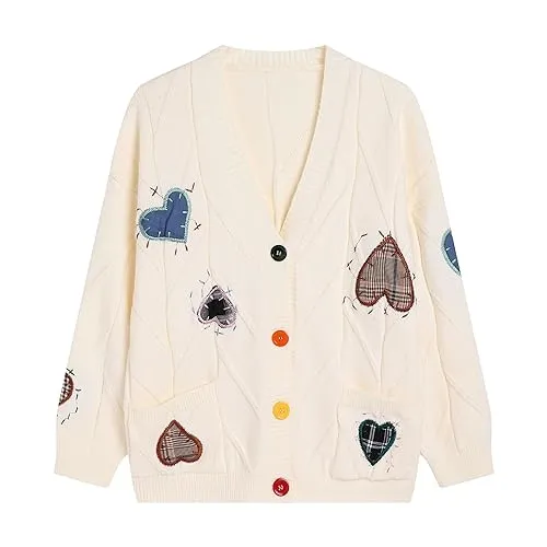 FindThy Women's Embroidered Heart Cardigan Sweater Button-Down Knitted Graphic Cardigan Coat Y2K Sweater with Pockets(0331-01Beige-M-LB)