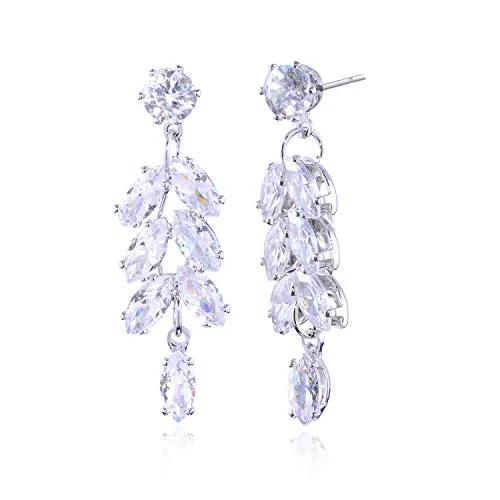 Cubic Zirconia Wedding Earrings - Sterling Silver Marquise Crystal CZ Rhinestone Cluster Leaf Linear Drop Earrings Elegant Bridal Jewelry for Bride Bridesmaids Women Girls Pageant Prom