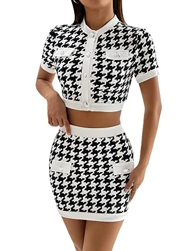 Verdusa Women's 2 Piece Outfit Houndstooth Print Crop Top and Bodycon Short Skirt Set Black and White Petite M