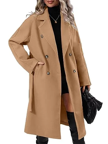 Danedvi Women Elegant Wool Pea Coat Lapel Collar Double Breasted Mid-Long Winter Overcoats with Belted Pockets