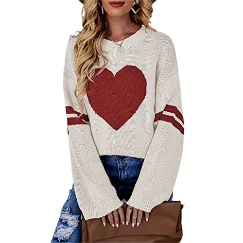 Mxiqqpltky Heart Print Sweater for Women Long Sleeve Crewneck Valentine's Day Knitted Pullover Love Sweater Y2K Tops (White, M)