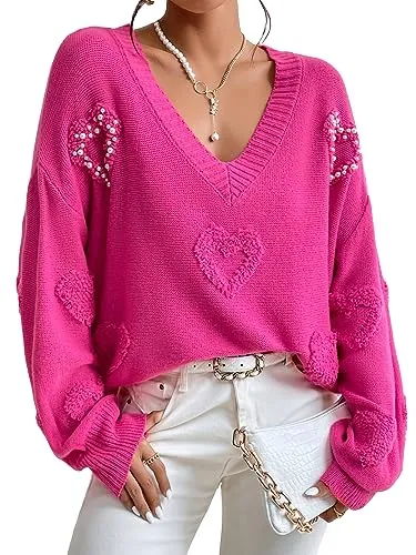 Verdusa Women's Pearls Heart V Neck Drop Shoulder Sweater Long Sleeve Loose Knit Top Hot Pink M