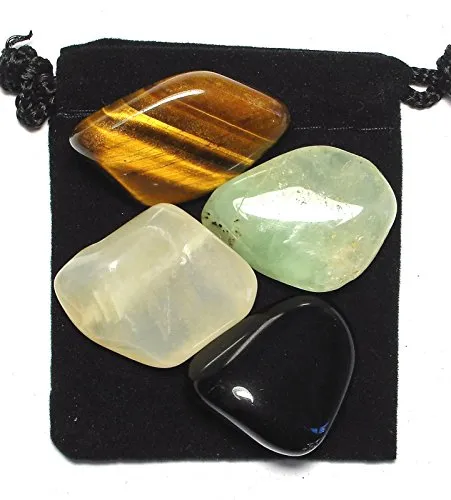 The Magic Is In You Manifestation (Law of Attraction) Tumbled Crystal Healing Set with Pouch & Description Card - Black Obsidian, Moonstone, Prehnite, and Tiger's Eye