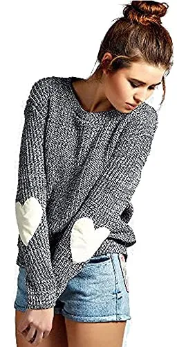 shermie Women's Cute Heart Pattern Elbow Patchwork Casual Crewneck Knitted Sweaters Pullover (Medium, Thin Gray)