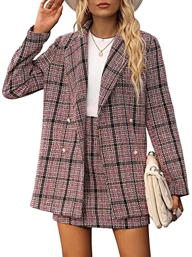SweatyRocks Women's Business Suit 2 Pieces Tweed Blazer Jacket Coat and Skirt Set Red Black Plaid S