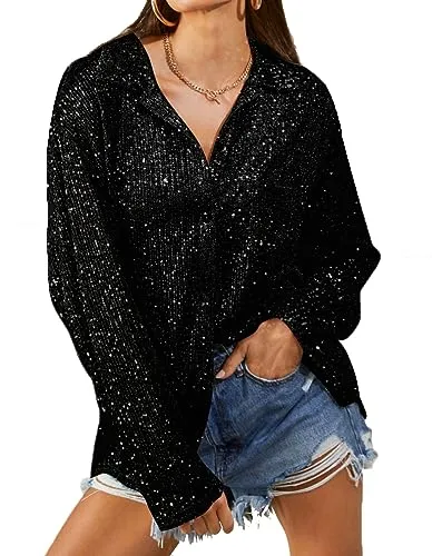Sequin Button Front Shirt Women&rsquo;s Dinner Blouse Silver Sequin Tops Sparkly Button Up Shirt Collared Long Sleeve Blouse